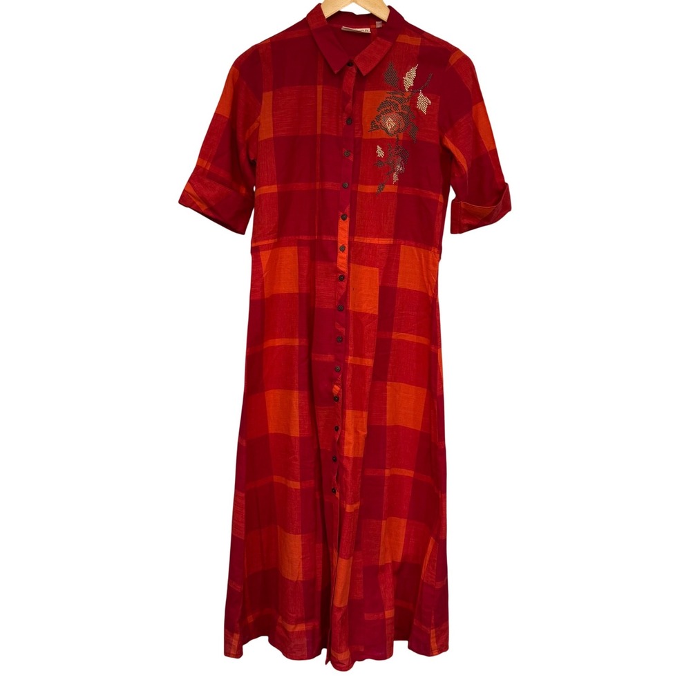 Bombay Paisley Red Orange Plaid India Cotton‎ Midi Shirt Dress Floral Boho Small